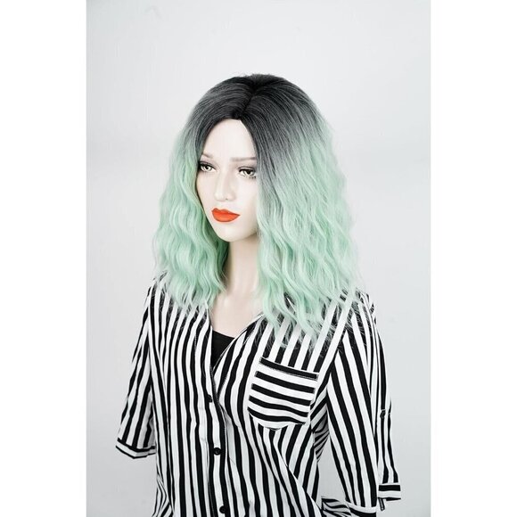 Cosplay Synthetic Hair Lace Wig Body Wavy Black to Green Ombre w/ Skull Clip - Picture 3 of 5